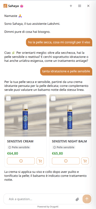 Orygo AI recommending skincare products on Lakshmi