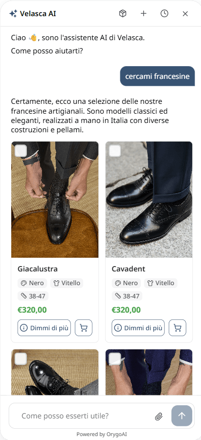Orygo AI recommending handmade oxford shoes on Velasca