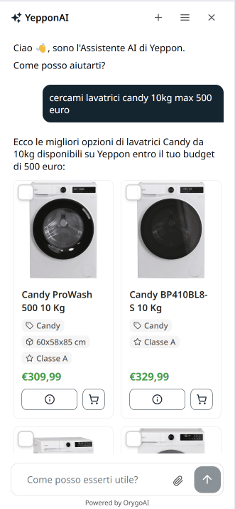 Orygo AI helping a shopper choose a washing machine on Yeppon